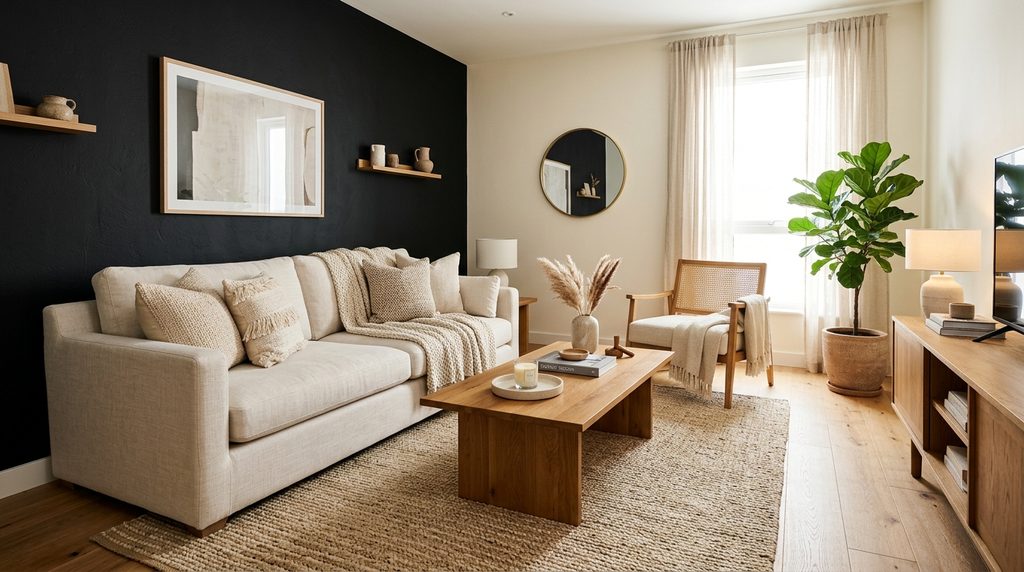 Black accent wall furniture with cream sofa and warm wood pieces