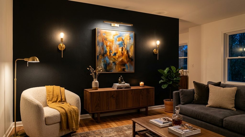 Black accent wall lighting with warm brass sconces and picture light