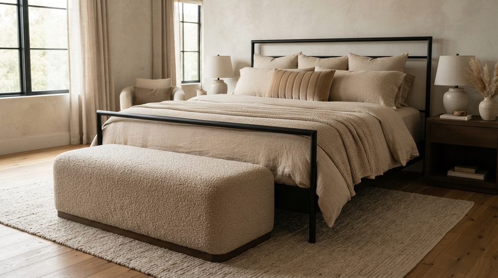 Black and beige bedroom texture with boucle, linen, and velvet layers