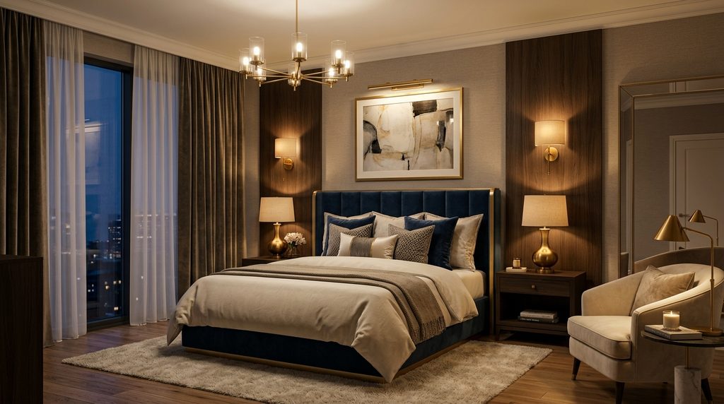 Luxury master bedroom lighting ideas with warm bedside lamps, brass wall sconces, layered lighting, and elegant artwork illumination