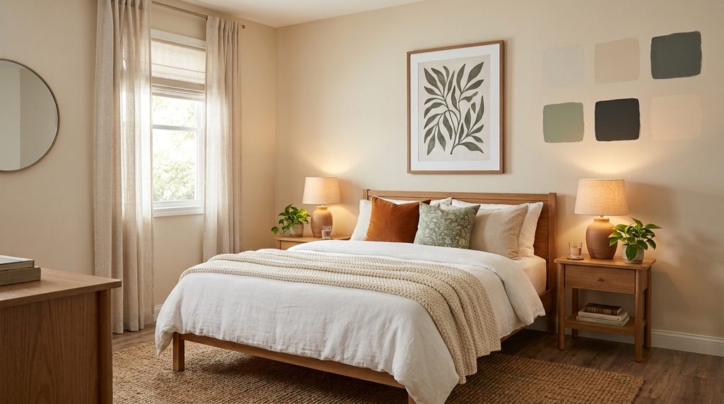 Master bedroom ideas on a budget with warm lighting, decluttered decor, and simple styling