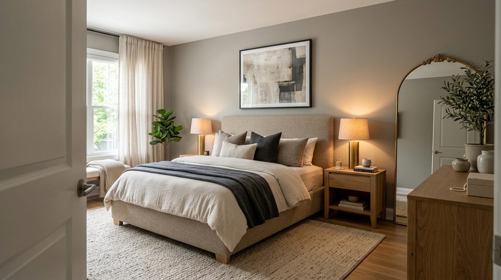 Master bedroom decor ideas with layered bedding, mirror, and warm lighting