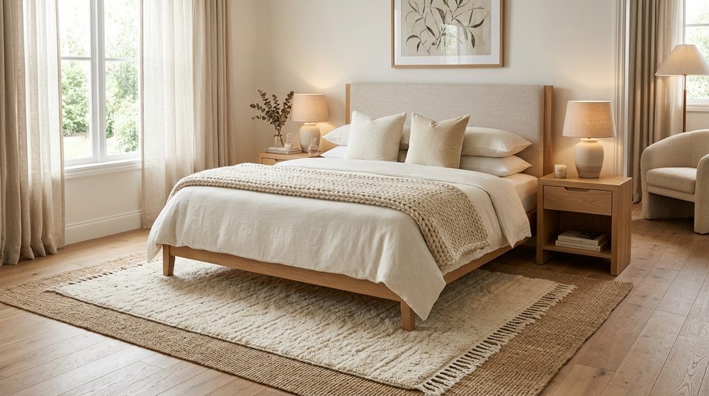 Master bedroom bedding ideas with layered textiles, accent pillows, and cozy rug styling