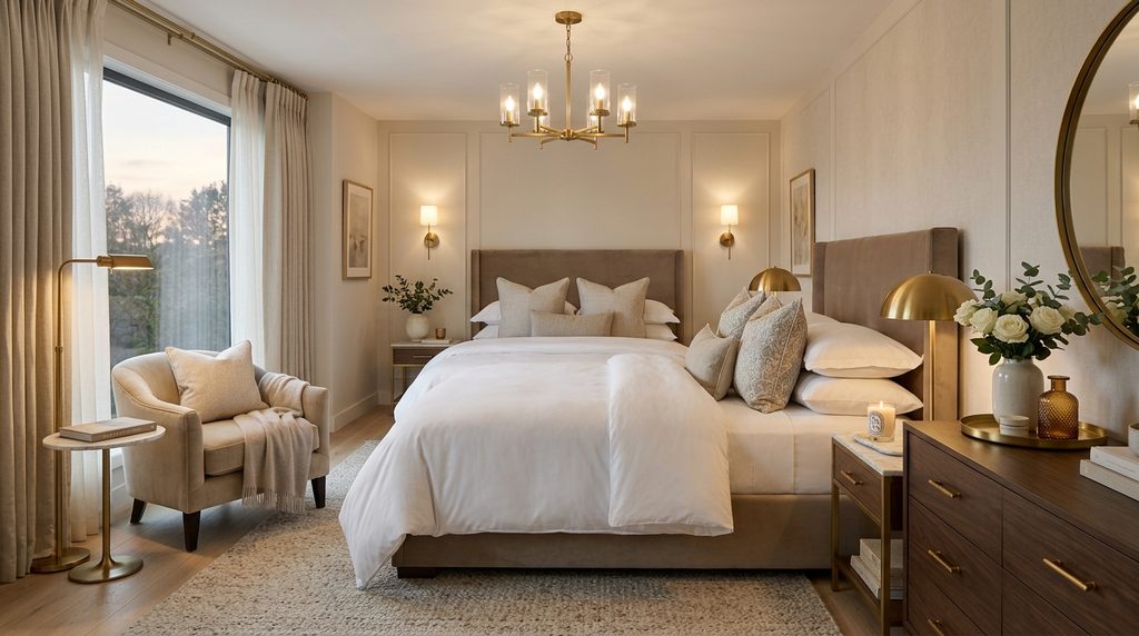 Luxury master bedroom ideas with hotel-style bedding, warm lighting, and elegant decor