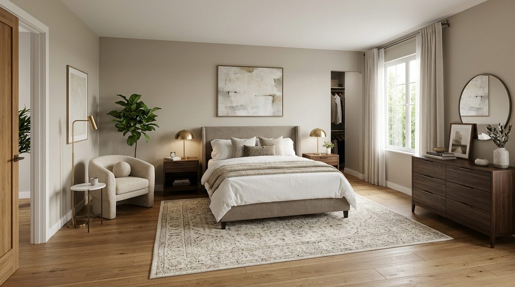 Master bedroom layout ideas with balanced furniture placement and cozy rug design