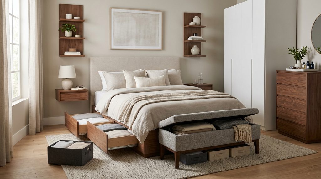 Master bedroom storage ideas with built-in bed drawers, floating nightstands, wall shelves, storage bench, and organized dresser for a clutter-free space