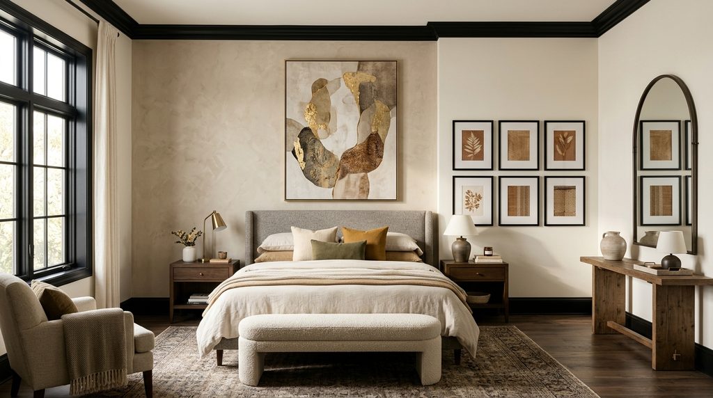 Master bedroom wall decor ideas with statement art and accent wall