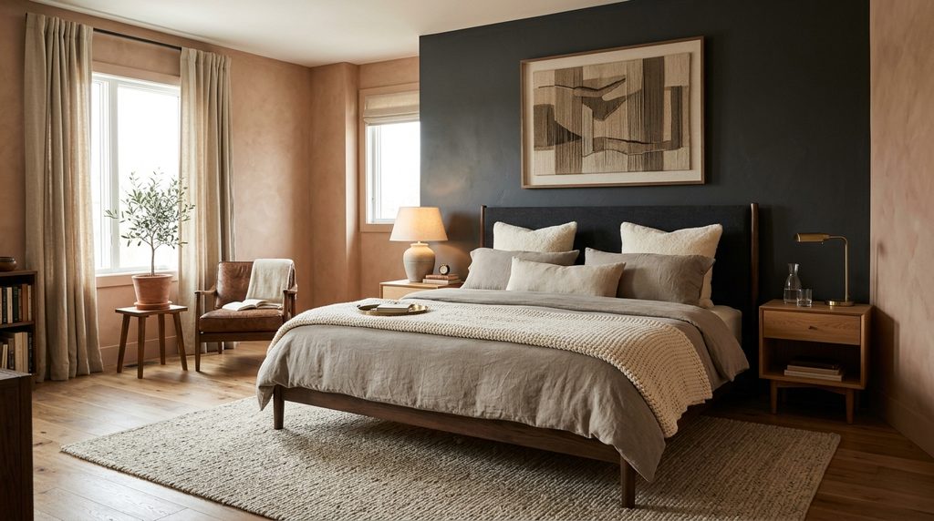 Master bedroom color and paint ideas with terracotta and charcoal accent