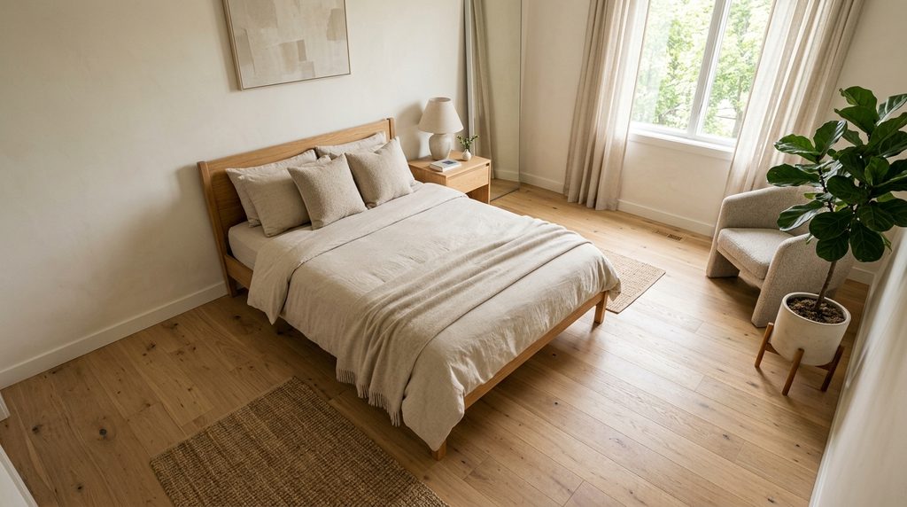 Minimalist bedroom layout with open floor space and breathing room