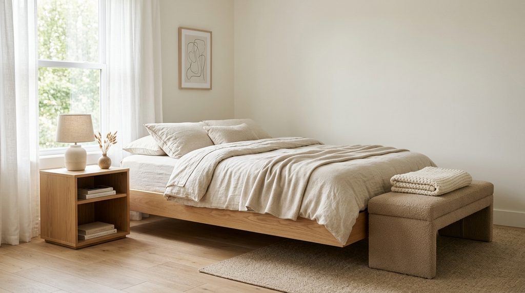 Minimalist bedroom furniture with floating bed and multi-purpose pieces