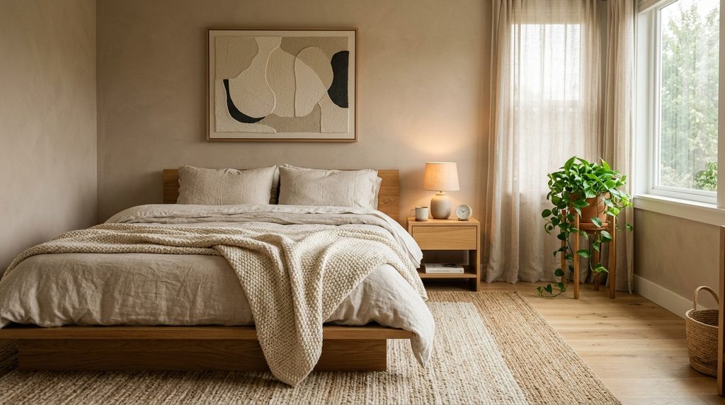 Minimalist bedroom decor ideas with warm neutrals and texture