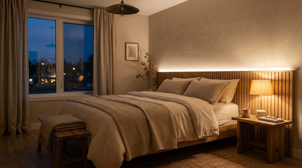 Minimalist bedroom lighting with warm layered bedside and headboard glow