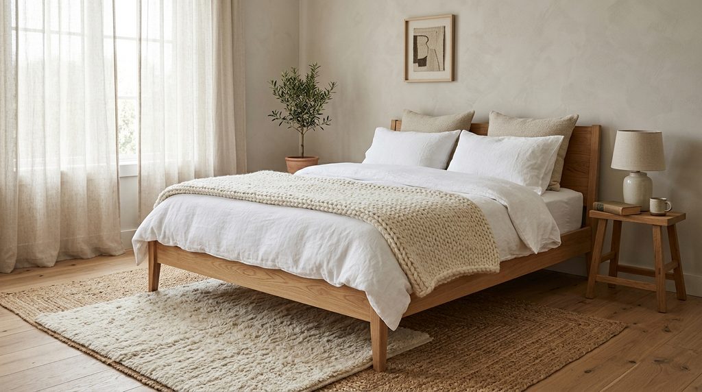 Minimalist bedroom texture with layered linen, wool, and wood materials
