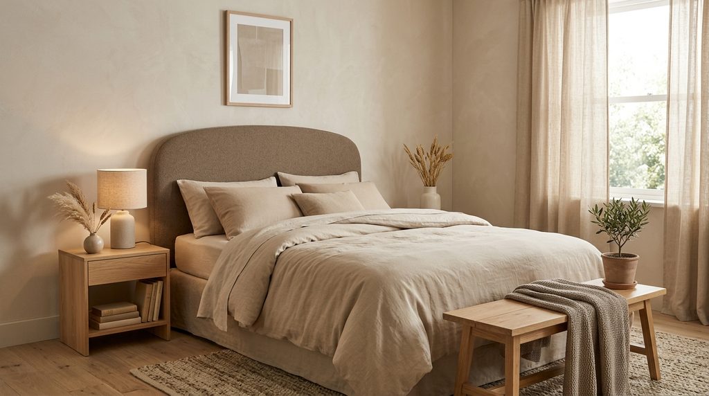 Minimalist bedroom color palette with warm oatmeal and taupe neutral tones
