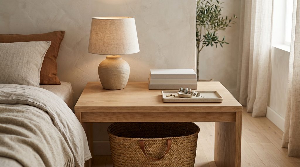 Uncluttered dreamy bedroom nightstand with minimal curated decor