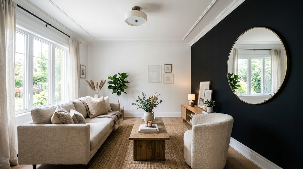 Small black accent wall living room with white trim and large mirror