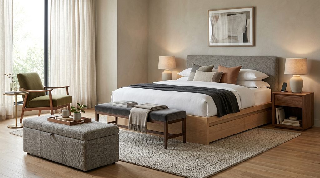 Master bedroom furniture ideas with storage bed, accent chair, ottoman, and wood nightstands