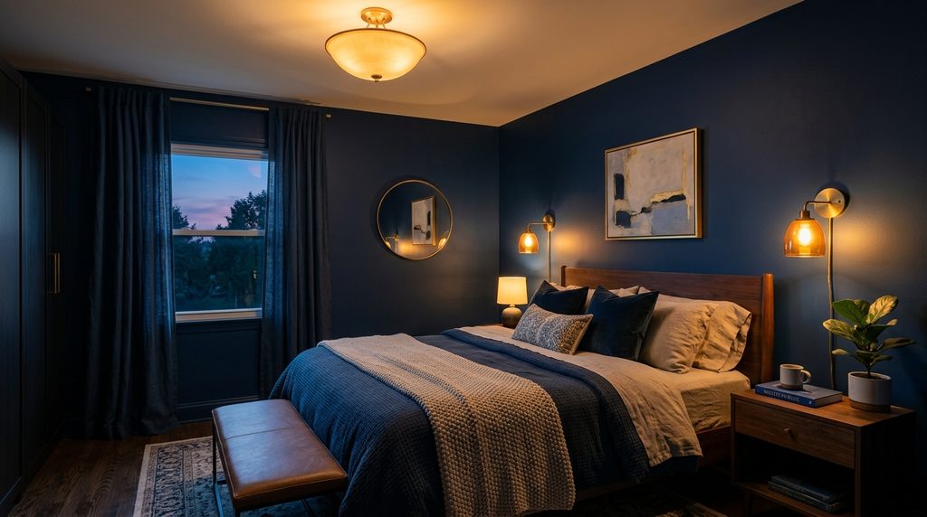 Navy bedroom lighting with warm layered sconces at dusk