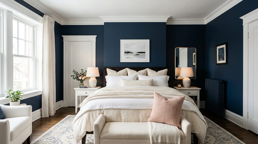 Navy and white bedroom with cream bedding and blush accent contrast