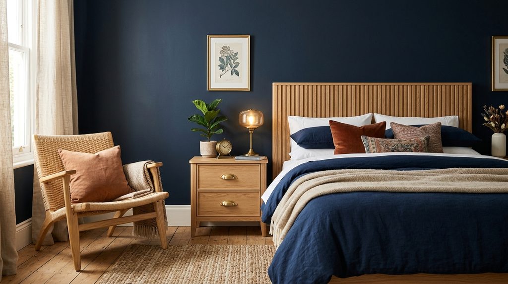 Navy blue bedroom furniture with warm brass and light oak wood accents