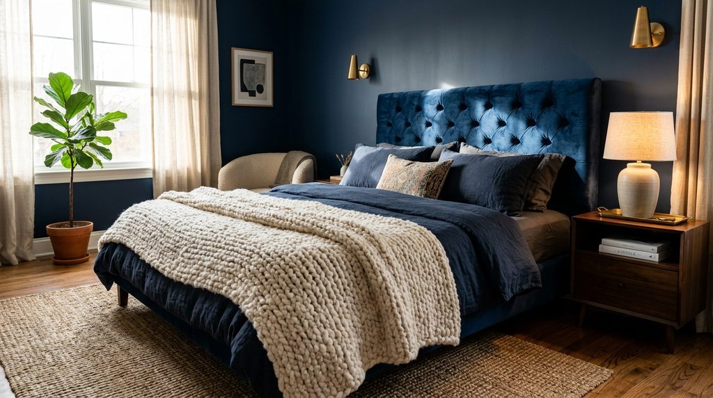 Navy bedroom texture with velvet headboard and layered boucle throw