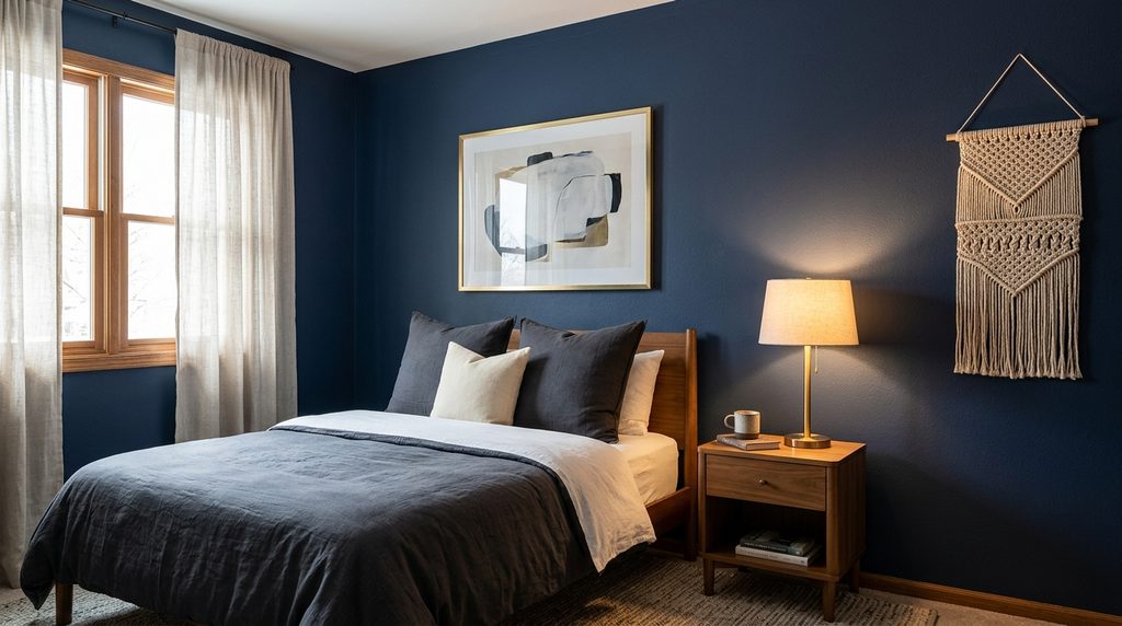 dark navy blue bedroom wall with rich depth and warm brass accents