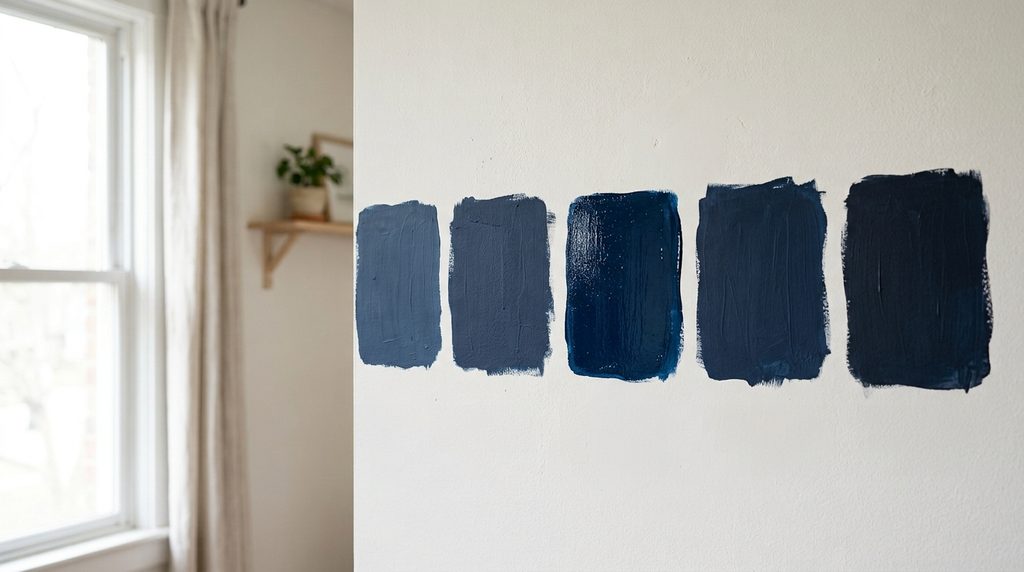 Navy blue paint bedroom swatches compared in shade and finish