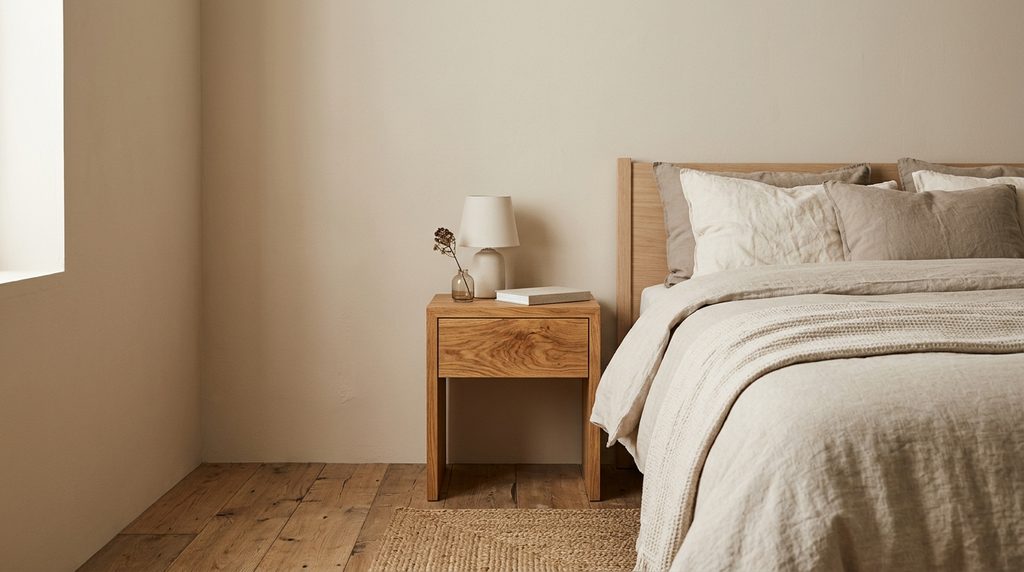 Minimalist bedroom wood tones with natural wood nightstand accent