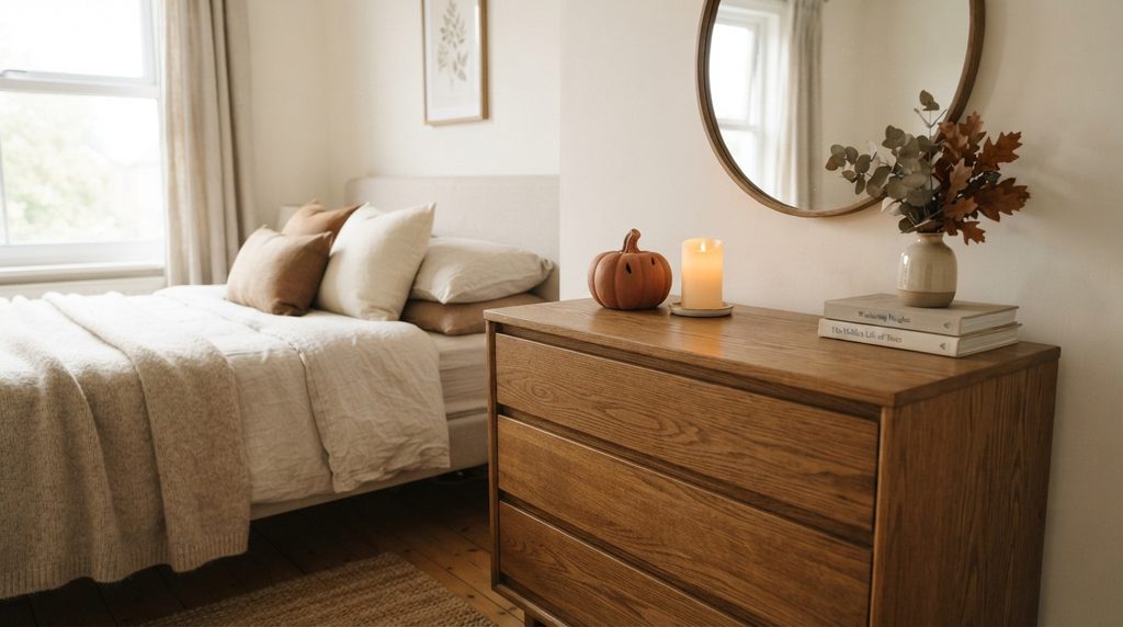 Subtle Halloween bedroom decor with small pumpkin and candle on dresser