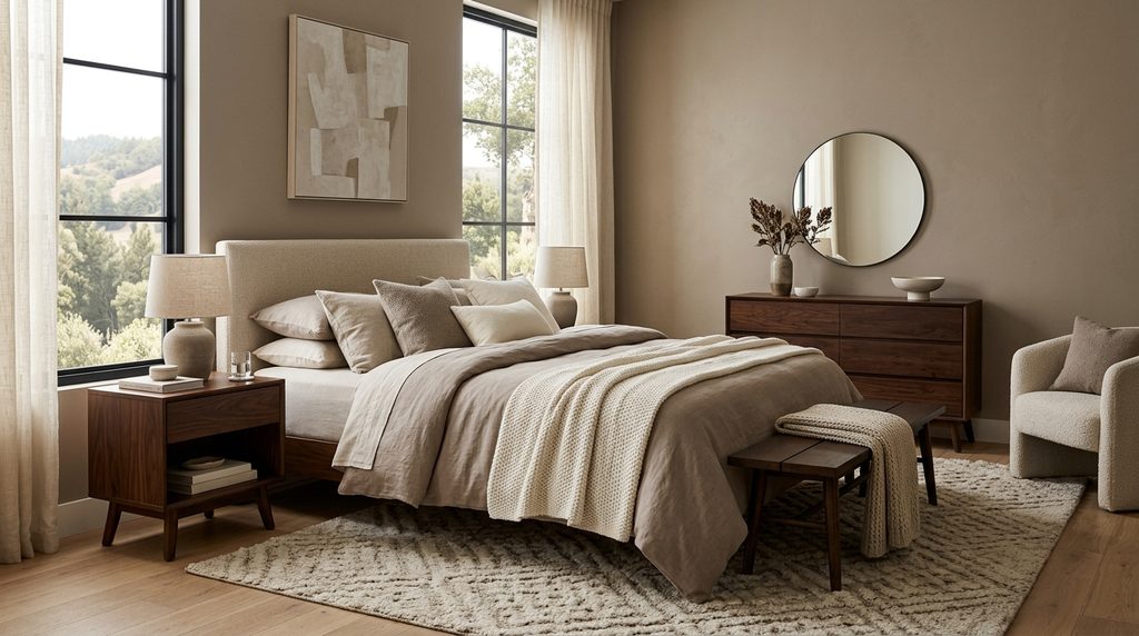 Dreamy bedroom colors with layered taupe and warm neutral tones