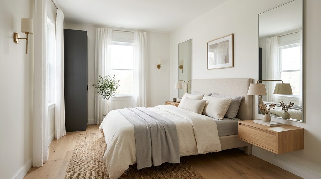 Small master bedroom ideas with floating nightstands, mirror, and space-saving layout