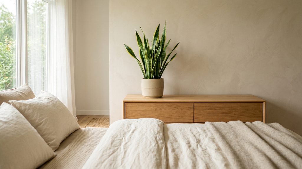 Minimalist bedroom plants with one large snake plant on dresser