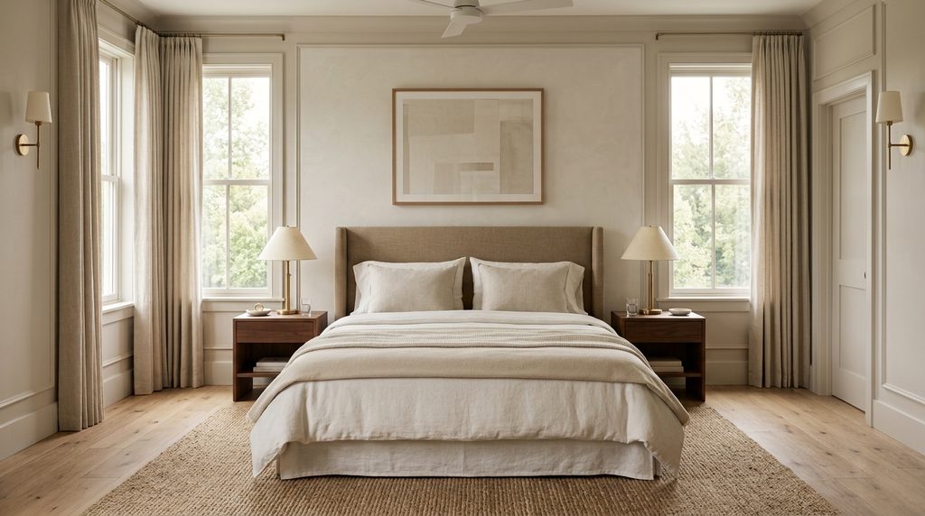Symmetrical hotel-style bedroom with quality materials