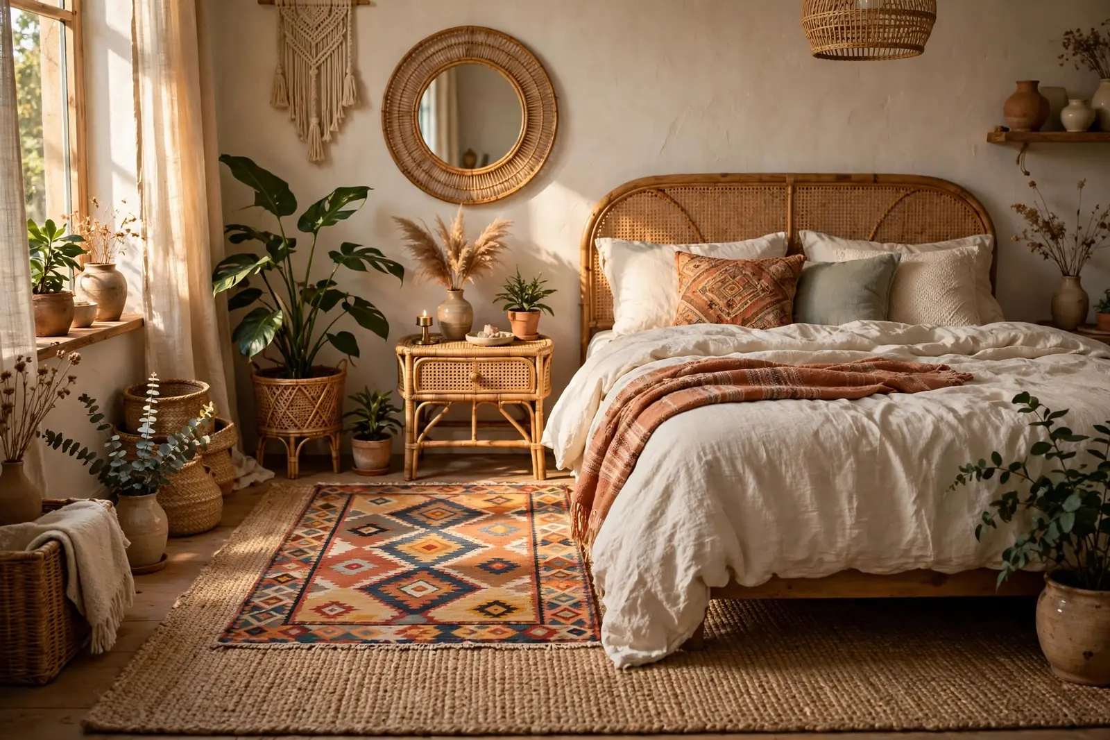 Boho bedroom with layered rugs, a natural jute rug under a colorful patterned rug beside the bed