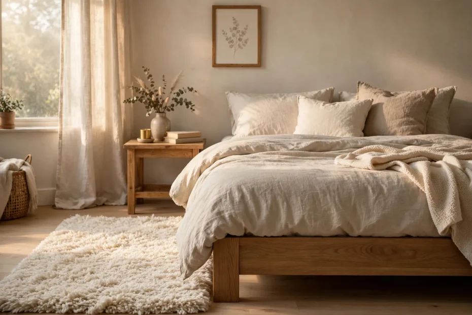Cozy bedroom with a plush cream high-pile shag rug beside a wooden bed in warm morning light