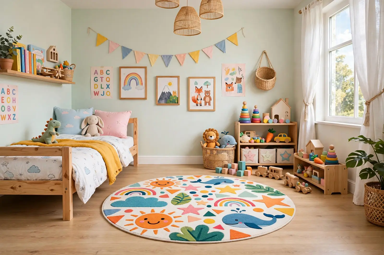 Cheerful kids bedroom with a colorful round washable rug with playful pattern in the center of the room
