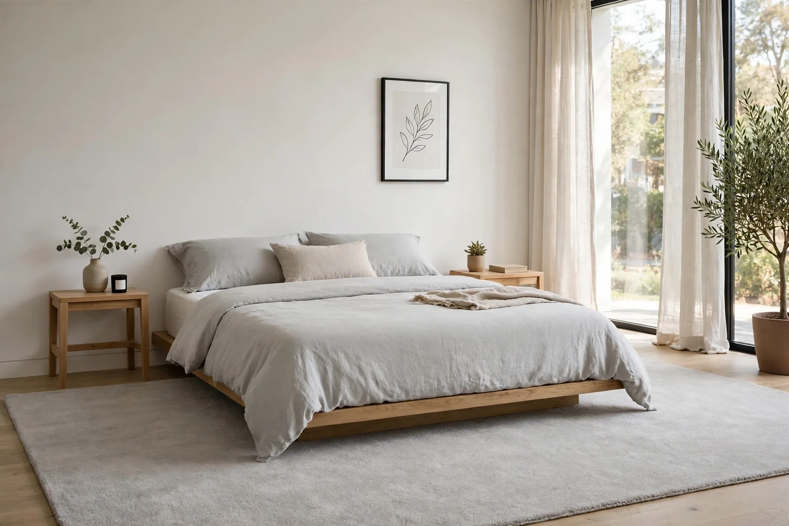 Modern minimalist bedroom with a light gray low-pile area rug under the bed extending on both sides