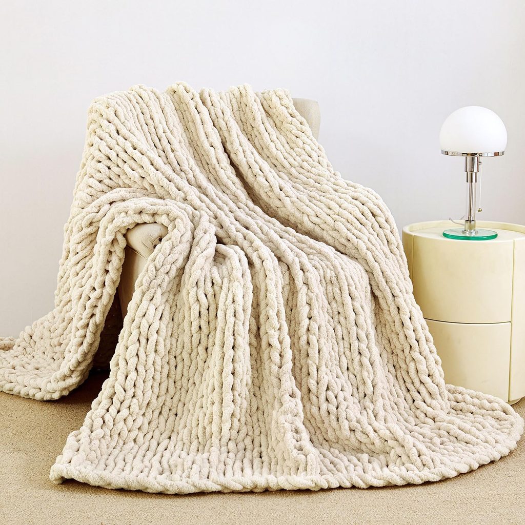 Chunky knit throw blanket for cocoon bedroom sanctuary