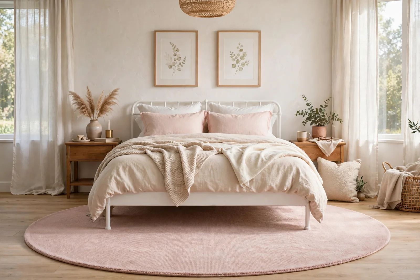 Bedroom with a large round blush pink area rug centered under a white bed frame