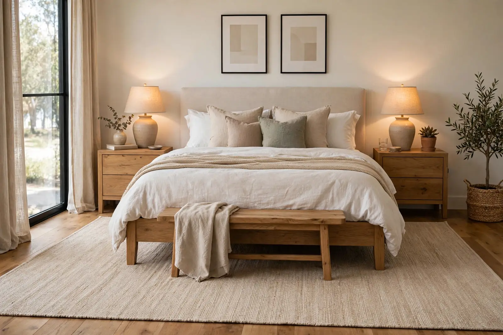Bedroom rug ideas for correct placement: large beige area rug positioned two-thirds under the bed