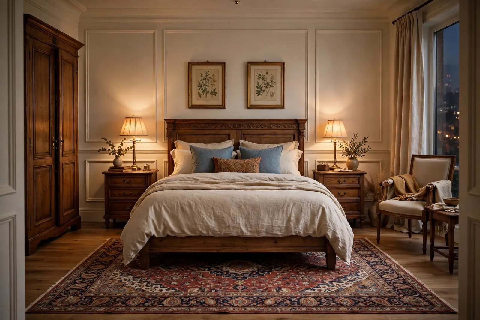 Elegant bedroom with a vintage Persian-style oriental rug with intricate pattern under the bed