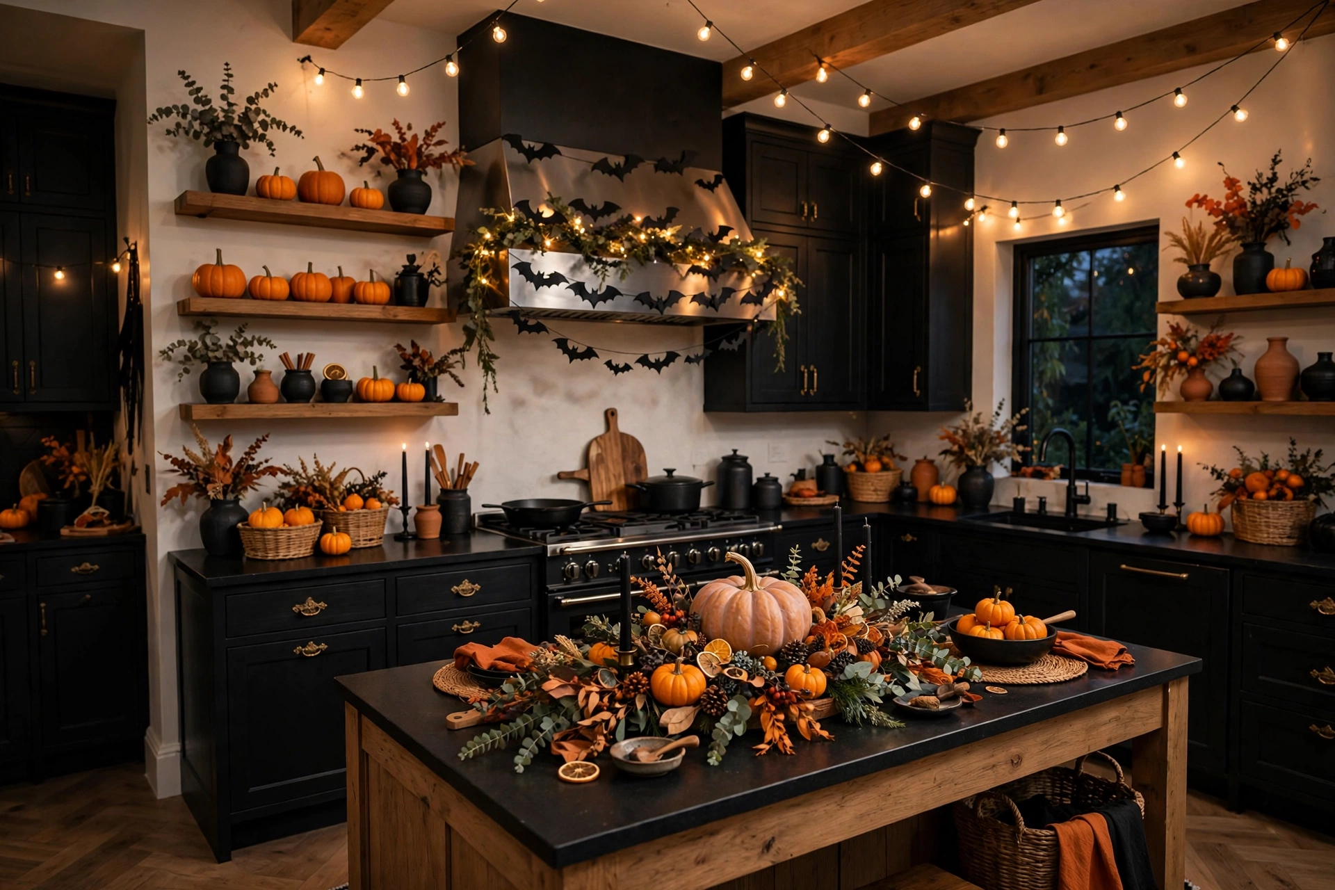 Halloween kitchen decor with pumpkins, bat garlands and warm string lights