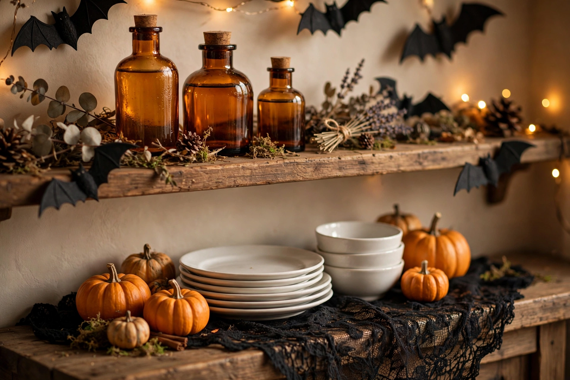 Halloween kitchen cabinets decorated with mini pumpkins, potion bottles and bat garlands