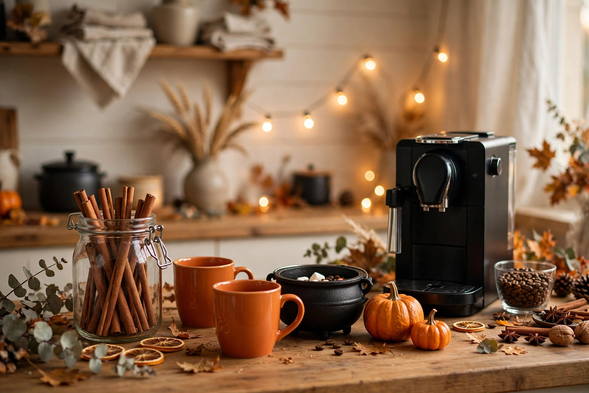 Halloween kitchen countertop decor with spooky coffee bar station