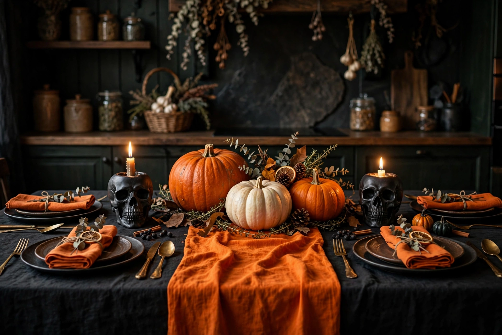 Halloween kitchen table decor with black tablecloth and pumpkin centerpiece