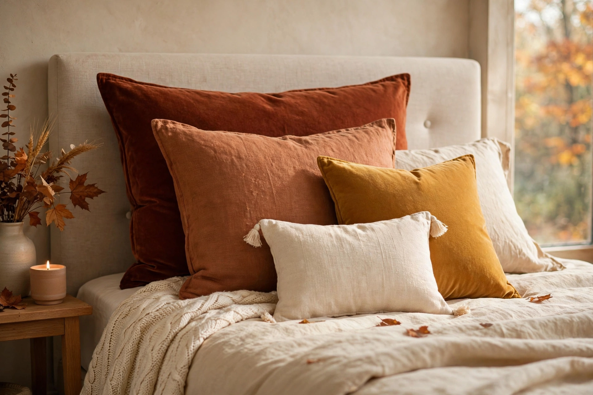 Autumn throw pillows in rust, mustard and cream on a bed