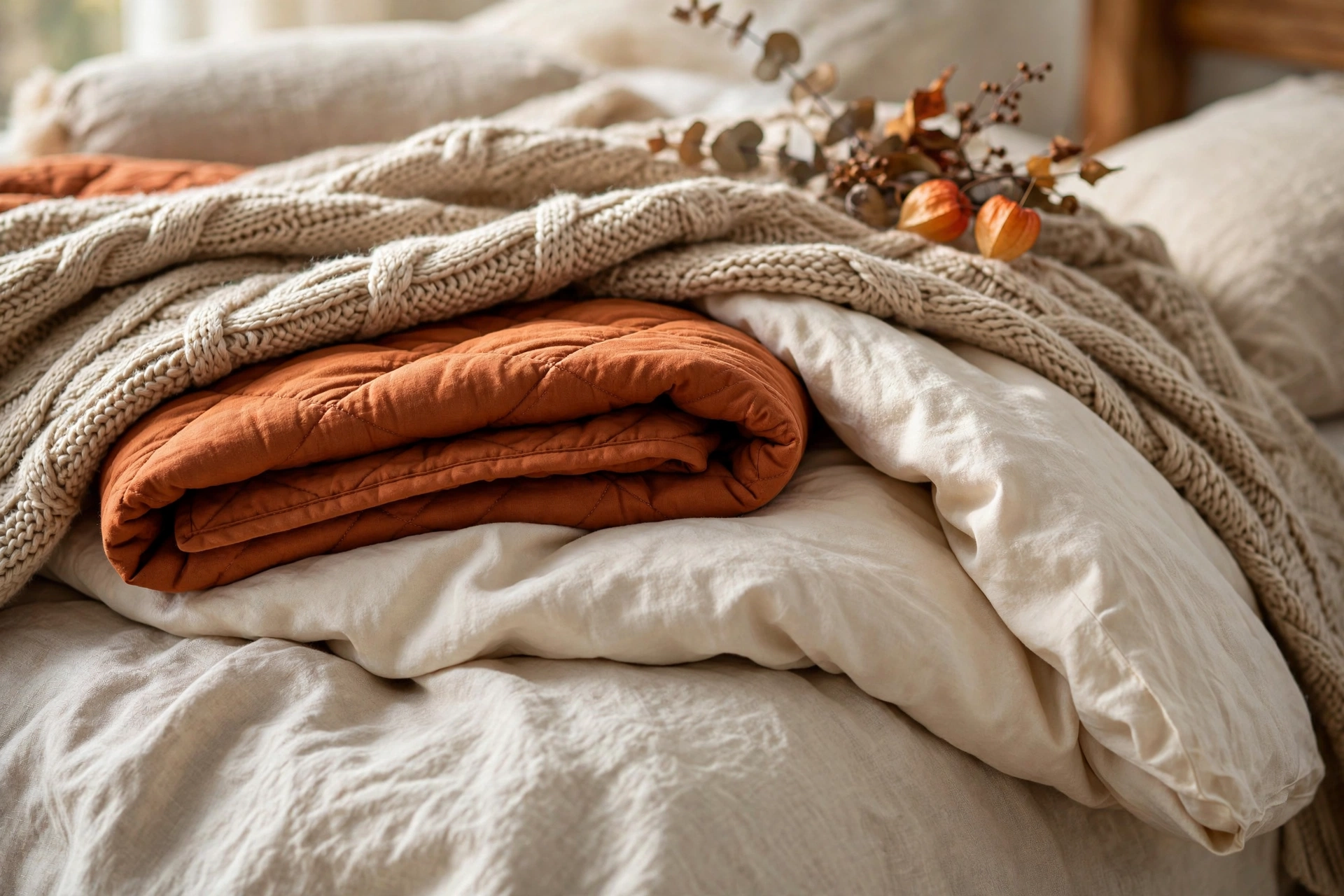 Layered fall bedding ideas with quilt and chunky knit throw