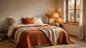 Cozy fall bedroom decor ideas with rust bedding and warm lighting