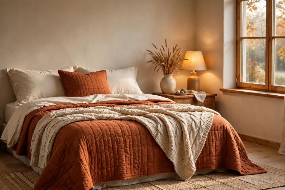 Cozy fall bedroom decor ideas with rust bedding and warm lighting