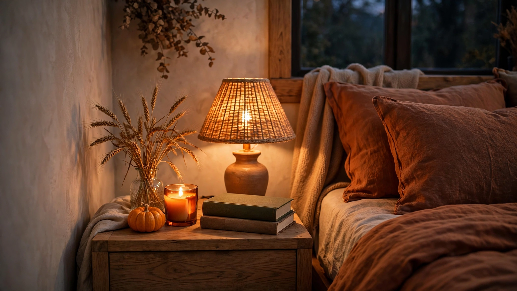 Fall nightstand styling with candle, dried wheat stems and books